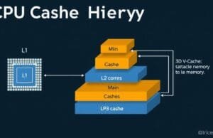 Ultimate Gaming CPU 2025: Performance Unlocked An infographic explaining CPU cache hierarchy, showing L1, L2, and L3 caches in relation to CPU cores and main memory. The 3D V-Cache concept is illustrated as stacked memory on top of the L3 cache.