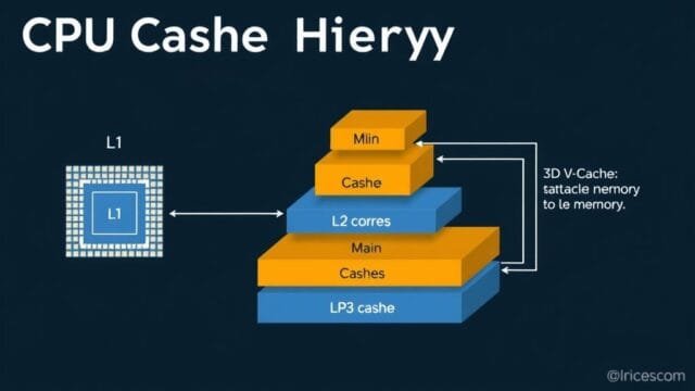 Ultimate Gaming CPU 2025: Performance Unlocked An infographic explaining CPU cache hierarchy, showing L1, L2, and L3 caches in relation to CPU cores and main memory. The 3D V-Cache concept is illustrated as stacked memory on top of the L3 cache.