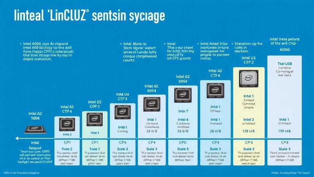 An infographic illustrating Intel's CPU evolution from the Intel 4004 to modern AI chips, highlighting key milestones and transistor counts, showing a clear progression over time.