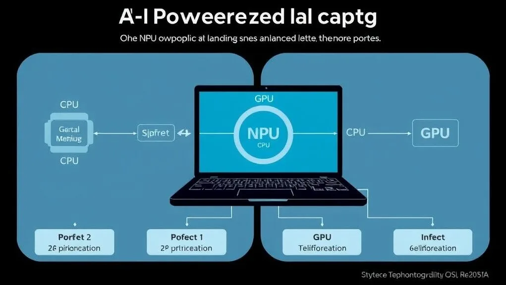 An infographic illustrating the core components of an AI-powered laptop, highlighting the NPU's role alongside CPU and GPU in a balanced system.