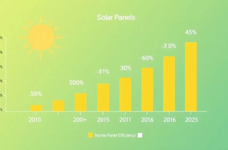 An infographic showcasing solar panel efficiency trends from 2010 to 2025, with increasing bars indicating progress