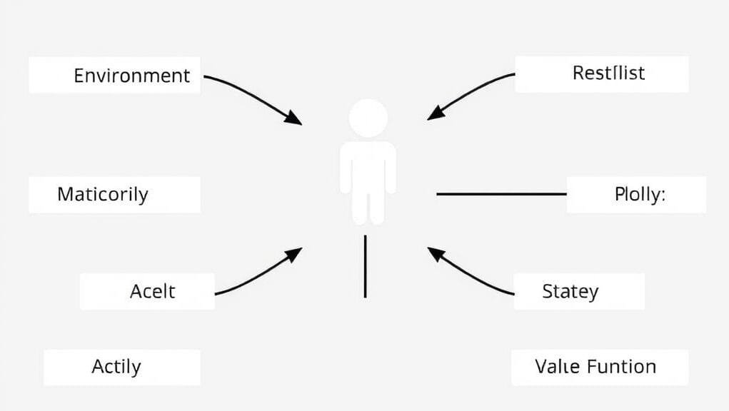 An infographic showing an agent interacting with an environment, with arrows for actions, states, and rewards. Text labels clearly define Agent, Environment, State, Action, Reward, Policy, and Value Function.