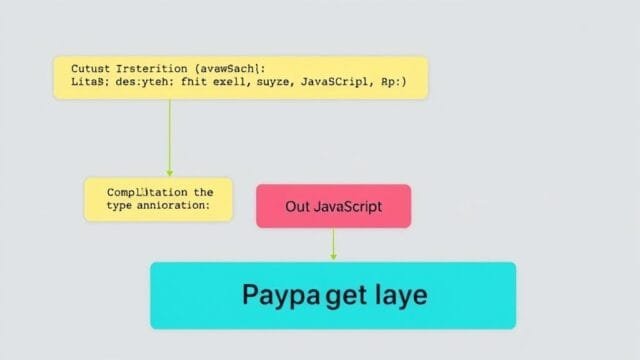 TypeScript: Build Robust, Future-Proof Web Apps An infographic showing JavaScript code, with type annotations, flowing into a compiler, then outputting JavaScript, highlighting the typing layer.