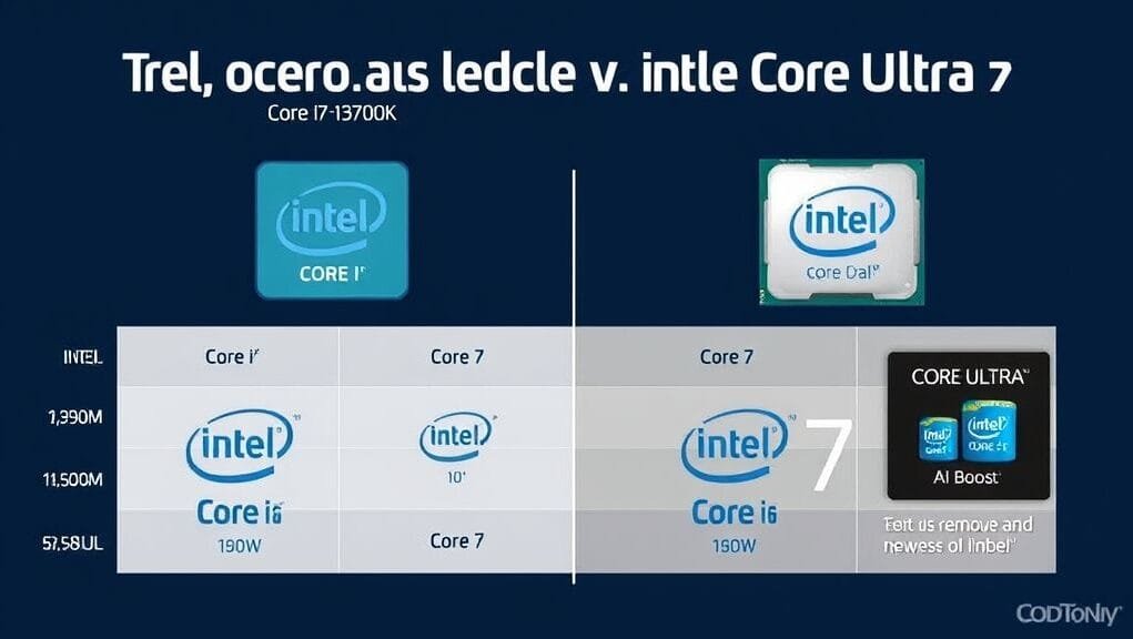 An infographic visually comparing the old Intel Core i branding (e.g., Core i7-13700K) with the new Intel Core (e.g., Core 7) and Intel Core Ultra (e.g., Core Ultra 7) branding, highlighting the removal of 'i' and generational numbers, and emphasizing the Core Ultra's new AI Boost logo. An infographic visually comparing the old Intel Core i branding (e.g., Core i7-13700K) with the new Intel Core (e.g., Core 7) and Intel Core Ultra (e.g., Core Ultra 7) branding, highlighting the removal of 'i' and generational numbers, and emphasizing the Core Ultra's new AI Boost logo.