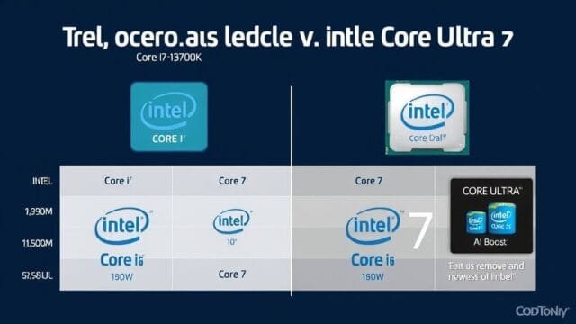 Core Ultra Naming: Decoding Intel’s Big Rebrand An infographic visually comparing the old Intel Core i branding (e.g., Core i7-13700K) with the new Intel Core (e.g., Core 7) and Intel Core Ultra (e.g., Core Ultra 7) branding, highlighting the removal of 'i' and generational numbers, and emphasizing the Core Ultra's new AI Boost logo.