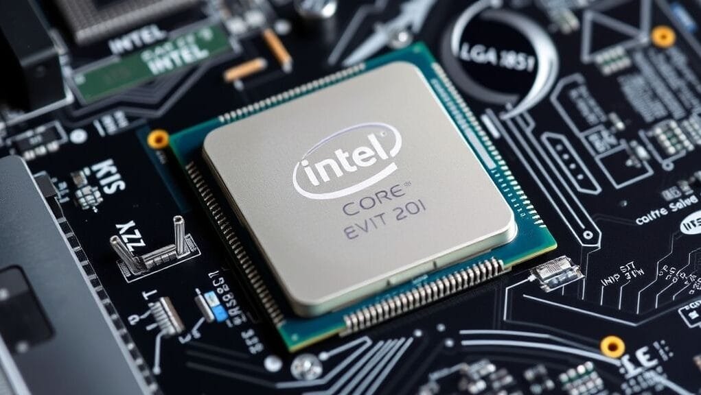 An Intel Core Ultra 200 series processor on an LGA 1851 motherboard, showcasing the new socket and its dense pin arrangement.