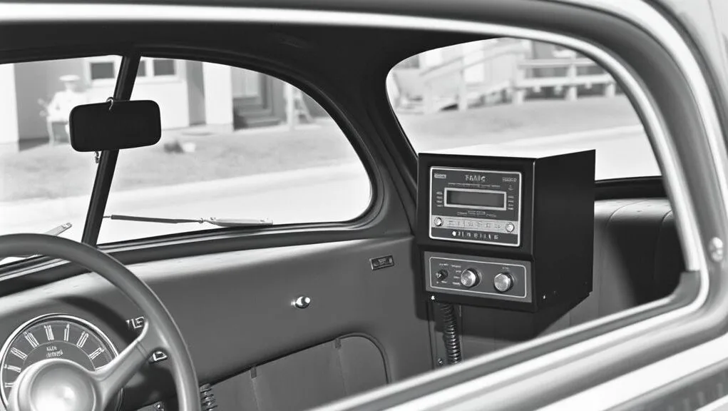 An old black and white photo of a 1940s car with a large, boxy radio telephone receiver on the dashboard, illustrating the early history of mobile phones.