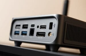 GEEKOM QS1 Pro: The AI Mini PC Revolution Begins Close-up of a compact mini PC, highlighting its modern design and visible ports.