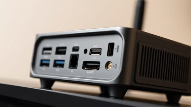 GEEKOM QS1 Pro: The AI Mini PC Revolution Begins Close-up of a compact mini PC, highlighting its modern design and visible ports.