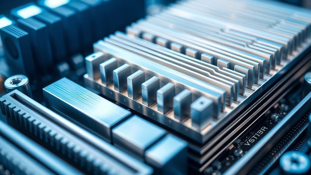 Close-up of a motherboard's VRM heatsinks and power stages