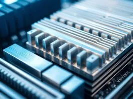 Close-up of a motherboard's VRM heatsinks and power stages