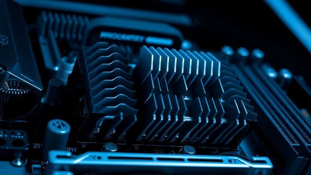Close-up of the motherboard's VRM heatsinks and power phases, showcasing their robust design. Close-up of the motherboard's VRM heatsinks and power phases, showcasing their robust design.