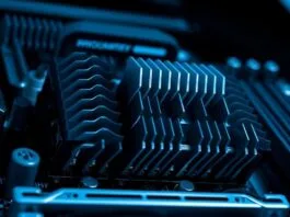 Close-up of the motherboard's VRM heatsinks and power phases, showcasing their robust design.