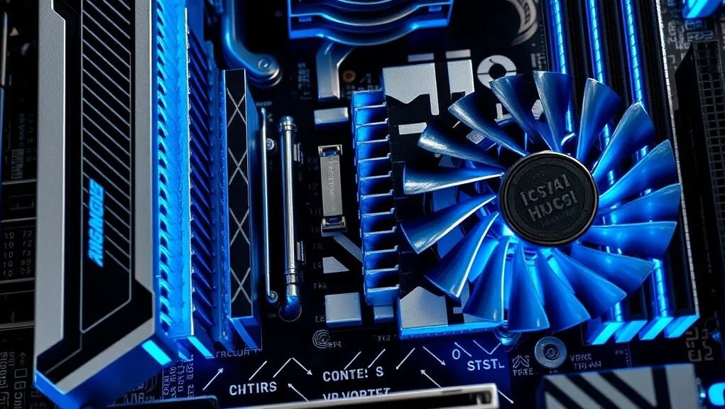 Close-up view of a motherboard's VRM section with large, intricate heatsinks, highlighting robust power delivery components. Close-up view of a motherboard's VRM section with large, intricate heatsinks, highlighting robust power delivery components.