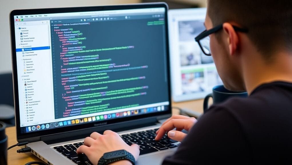 Developer coding Swift on a MacBook, showing Xcode interface.