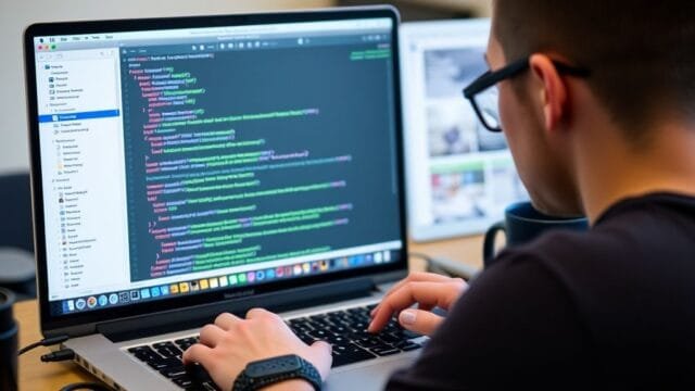 Swift App Development: Your Ultimate Guide to iOS/macOS Developer coding Swift on a MacBook, showing Xcode interface.