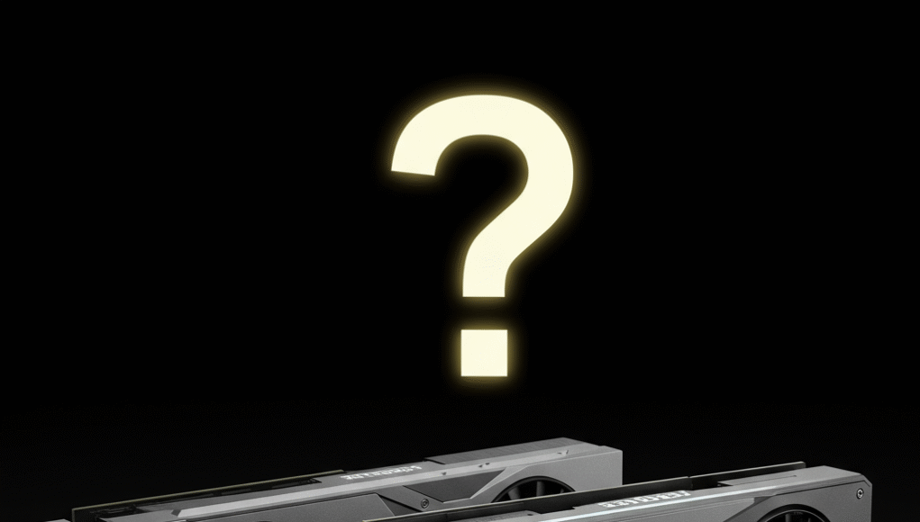 A conceptual image showing two NVIDIA GeForce graphics cards, one representing the RTX 4060 and another a futuristic, unreleased RTX 5060, with a question mark over the 5060.