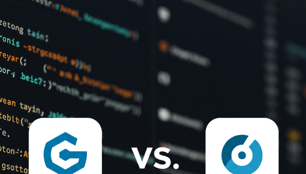 A visual comparison of Gemini and Copilot logos, with AI code snippets and productivity app icons in the background.