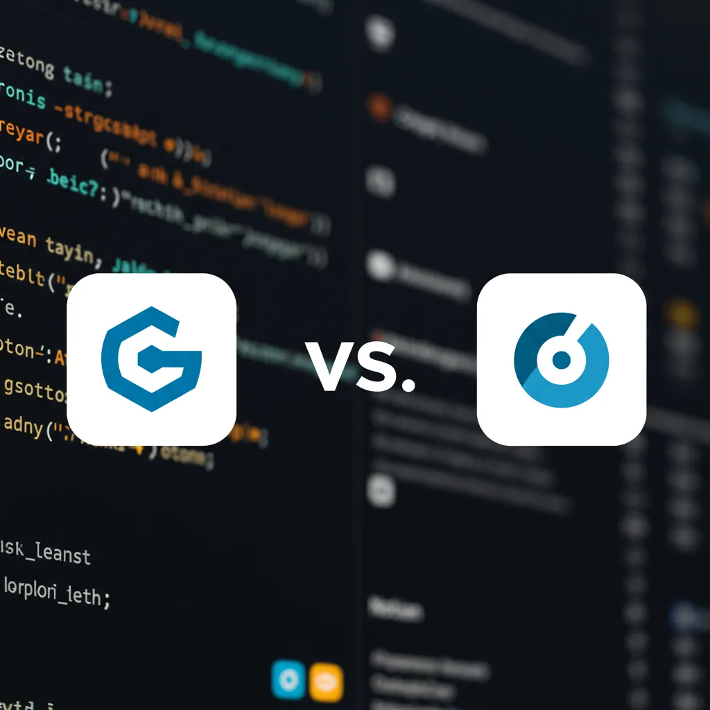 A visual comparison of Gemini and Copilot logos, with AI code snippets and productivity app icons in the background.
