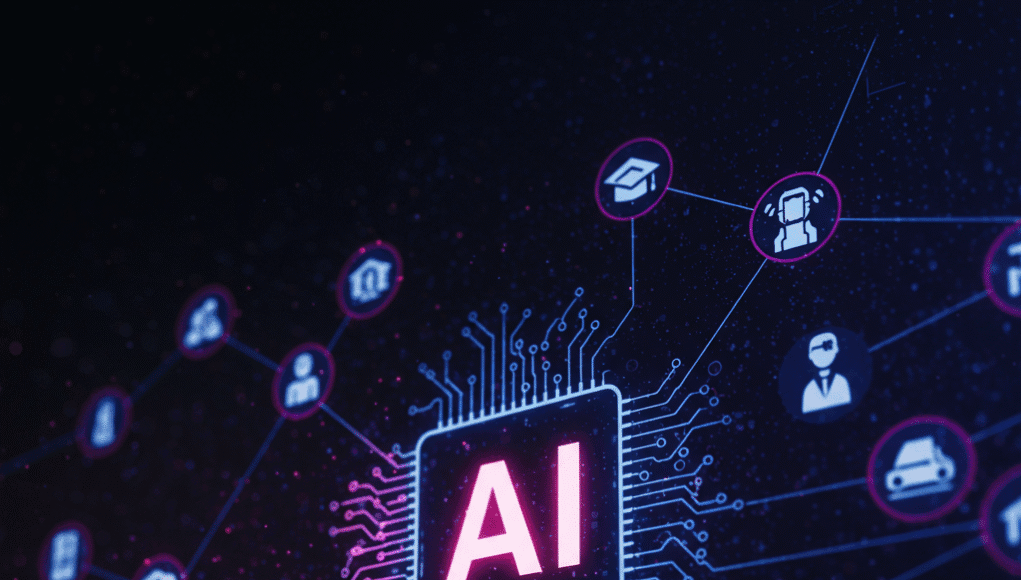 A stylized graphic depicting neural networks connecting various sectors of society, with "AI" prominently displayed
