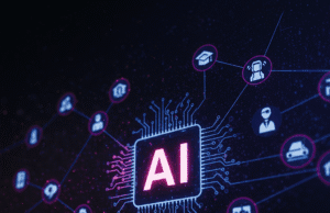 Future of AI: Unpacking the Next Digital Revolution A stylized graphic depicting neural networks connecting various sectors of society, with "AI" prominently displayed