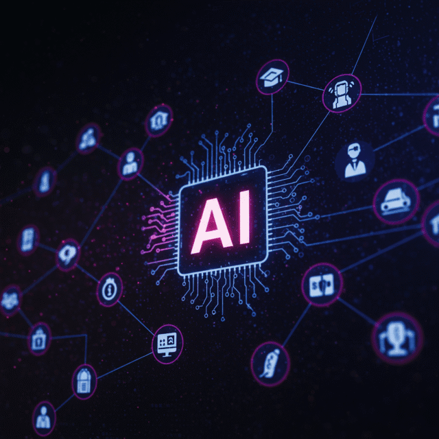 Future of AI: Unpacking the Next Digital Revolution A stylized graphic depicting neural networks connecting various sectors of society, with "AI" prominently displayed