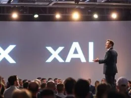 Elon Musk, a key figure in xAI funding, speaking at an AI conference, with a glowing xAI logo visible in the background.
