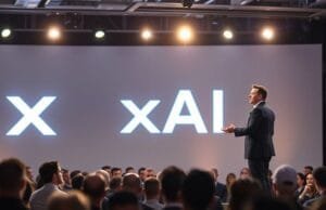xAI Funding: Is a $200B Valuation Real or Fake News? Elon Musk, a key figure in xAI funding, speaking at an AI conference, with a glowing xAI logo visible in the background.
