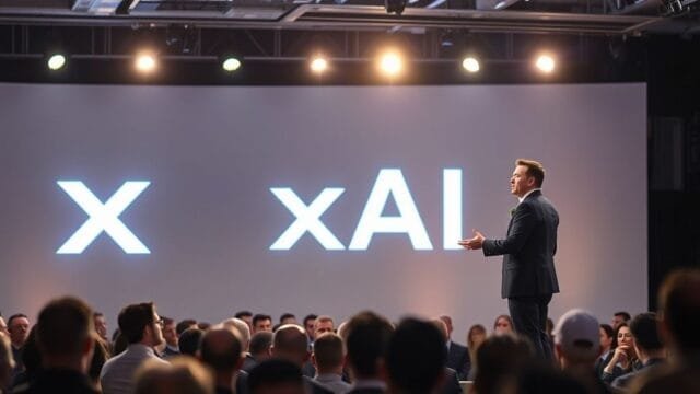 xAI Funding: Is a $200B Valuation Real or Fake News? Elon Musk, a key figure in xAI funding, speaking at an AI conference, with a glowing xAI logo visible in the background.