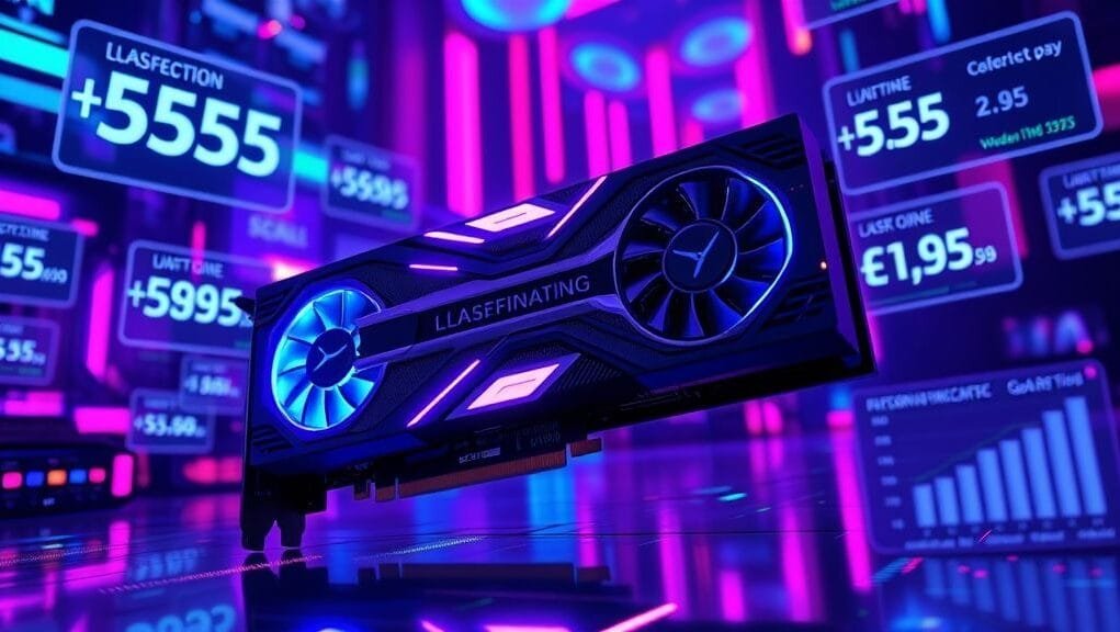 Futuristic graphic card glowing with blue and purple lights, amidst holographic price tags and data charts highlighting the lowest GPU prices 2025. Futuristic graphic card glowing with blue and purple lights, amidst holographic price tags and data charts highlighting the lowest GPU prices 2025.