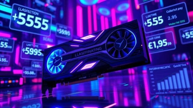 Lowest GPU Prices 2025: Your Ultimate Buying Guide Futuristic graphic card glowing with blue and purple lights, amidst holographic price tags and data charts highlighting the lowest GPU prices 2025.