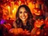 Hallmark 2025 Lineup: The Bold New Holiday & Halloween Era Lacey Chabert smiling brightly amidst a festive Halloween setting, surrounded by pumpkins and whimsical decorations.