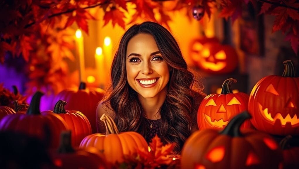 Lacey Chabert smiling brightly amidst a festive Halloween setting, surrounded by pumpkins and whimsical decorations.