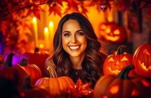 Hallmark 2025 Lineup: The Bold New Holiday & Halloween Era Lacey Chabert smiling brightly amidst a festive Halloween setting, surrounded by pumpkins and whimsical decorations.