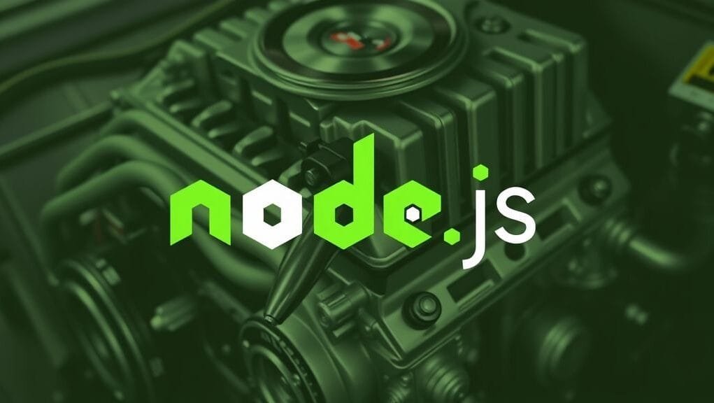 Node.js logo with a depiction of the Chrome V8 engine in the background, symbolizing speed and power.