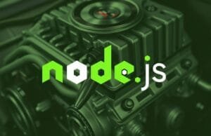 Node.js Back-End: Power Modern JavaScript Apps Node.js logo with a depiction of the Chrome V8 engine in the background, symbolizing speed and power.