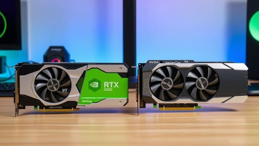 NVIDIA GeForce RTX 3060 vs 5060 GPUs side-by-side on a desk, highlighting different designs