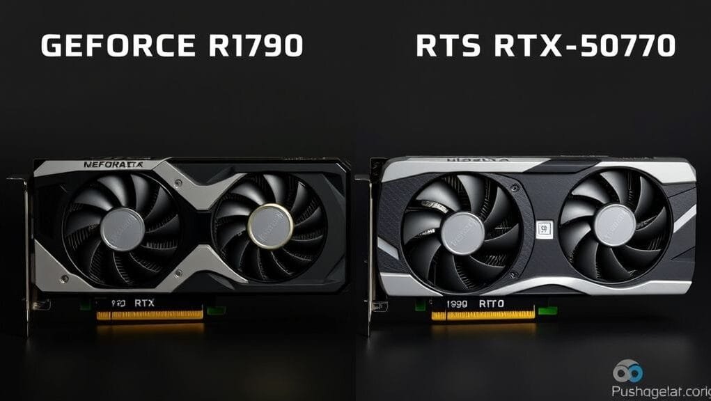 NVIDIA GeForce RTX 3070 and RTX 5070 GPUs side-by-side, showcasing their generational design differences