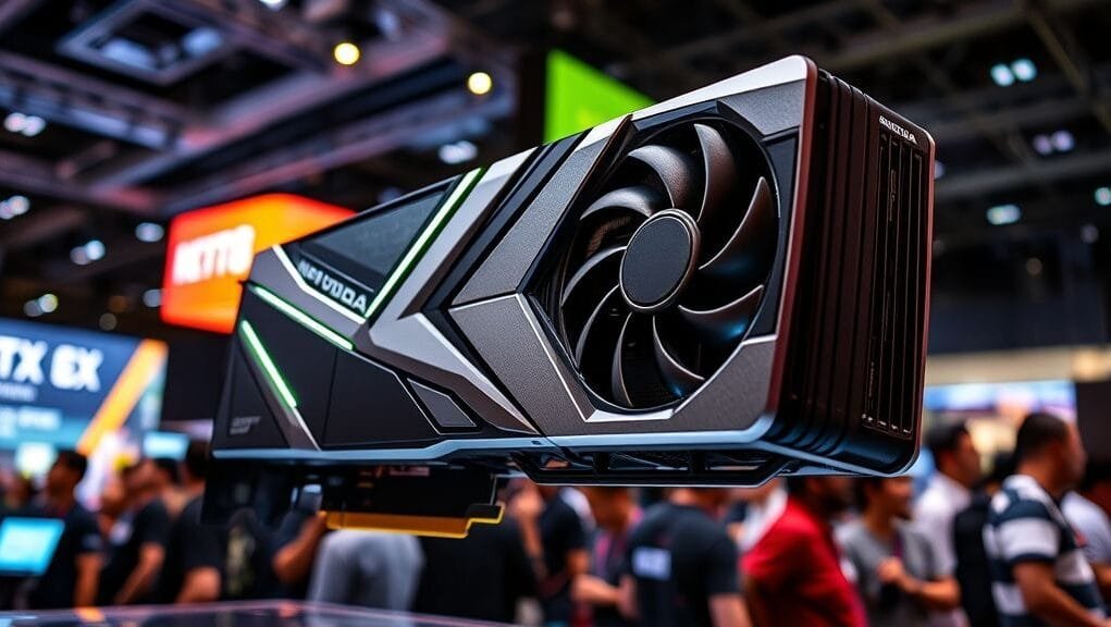 Nvidia GeForce RTX 5090 graphics card display at Computex, highlighting its sleek design and cooling.