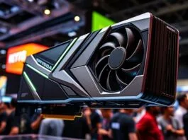 Nvidia GeForce RTX 5090 graphics card display at Computex, highlighting its sleek design and cooling.