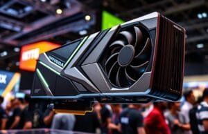 Computex 2025 Graphics Cards: The AI Revolution Arrives Nvidia GeForce RTX 5090 graphics card display at Computex, highlighting its sleek design and cooling.