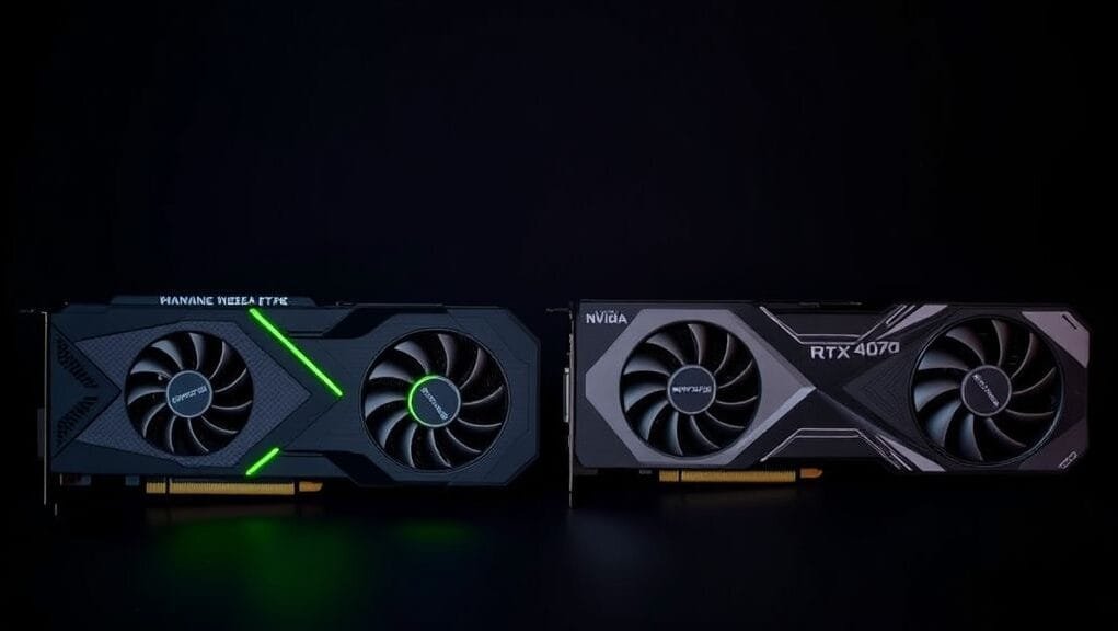 NVIDIA RTX 3070 vs RTX 4070 graphics cards side-by-side on a dark background