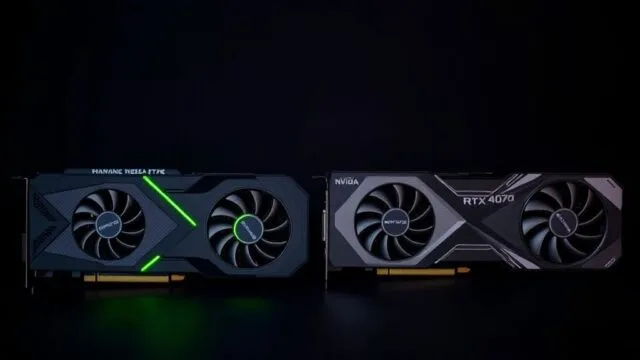 NVIDIA RTX 3070 vs RTX 4070 graphics cards side-by-side on a dark background