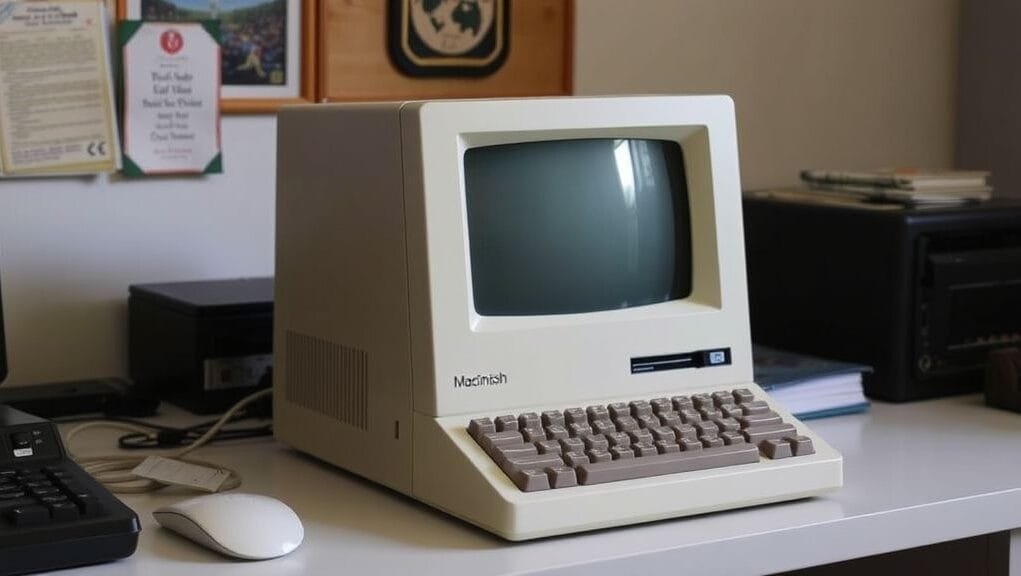 Original Macintosh 128K on a desk, showcasing its compact, all-in-one design and integrated screen