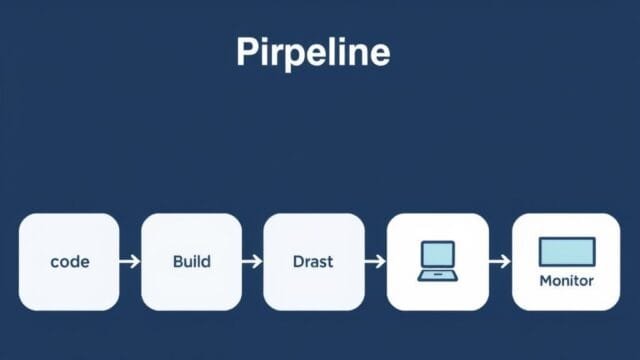 CI/CD Mastery: Deploy Software Faster, Flawlessly Pipeline flow diagram with stages: code, build, test, deploy, monitor, linked by arrows.