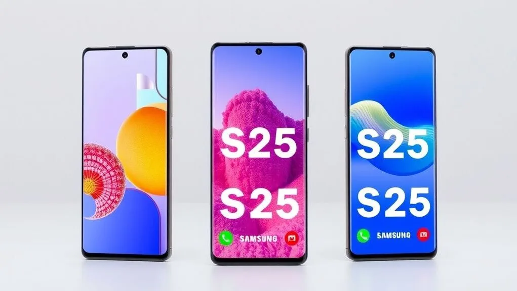 Samsung Galaxy S25 Ultra, S25+, and S25 phones displayed side-by-side, showcasing their sleek designs and vibrant screens, with AI features subtly implied on the display. Latest Samsung series flagship phones.