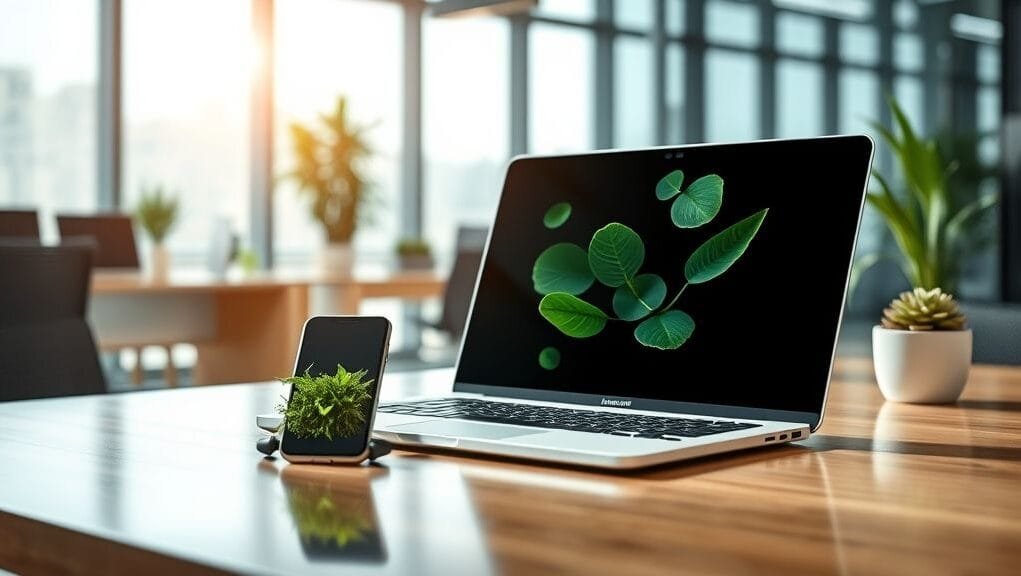 Sustainable Tech Innovations in a modern office, showing a laptop and smartphone made with green materials, bright and futuristic.