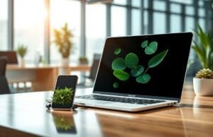 Sustainable Tech Innovations: Making Our Gadgets Greener Sustainable Tech Innovations in a modern office, showing a laptop and smartphone made with green materials, bright and futuristic.