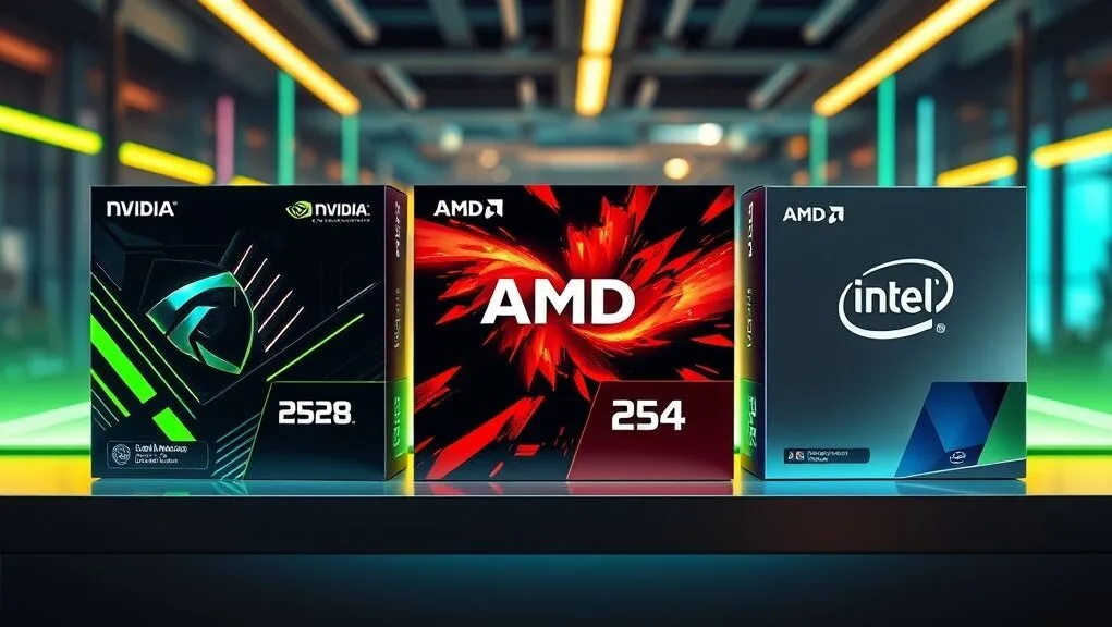 Three distinct graphics card boxes labeled Nvidia, AMD, and Intel, symbolizing market competition