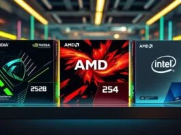 Three distinct graphics card boxes labeled Nvidia, AMD, and Intel, symbolizing market competition
